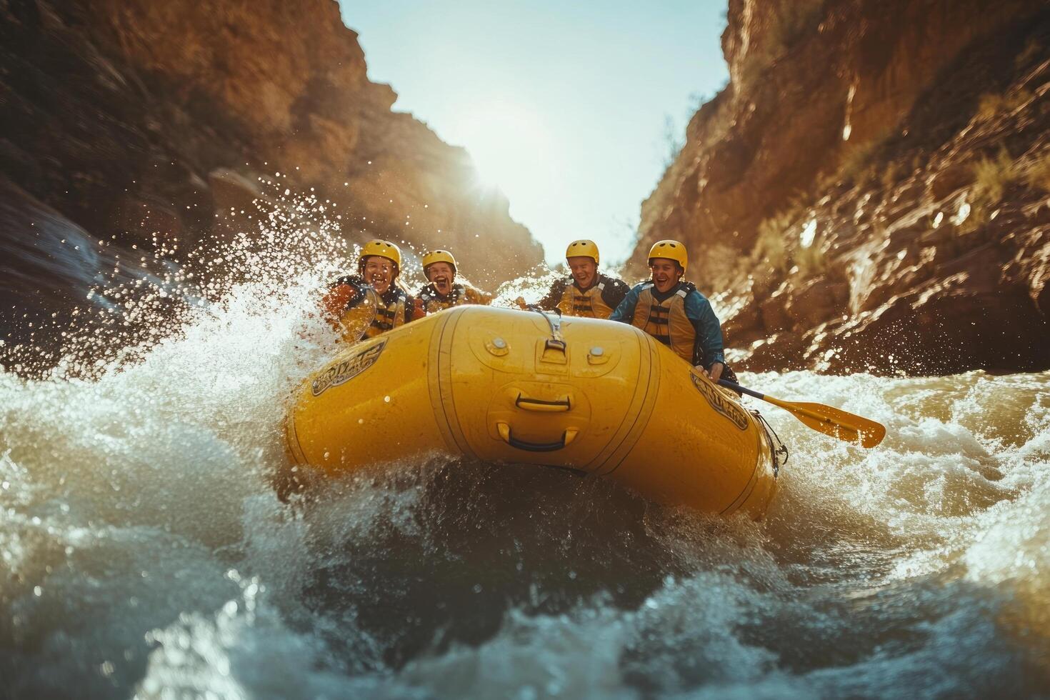 Rafting Enthusiasts Navigate Turbulent Rapids in a Yellow Raft photo