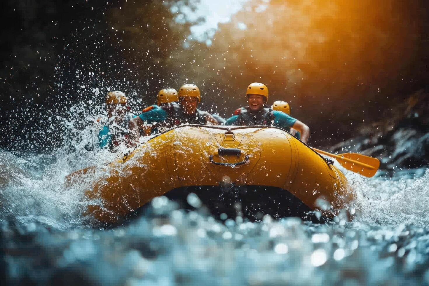 Group of People Rafting Through a Splashing River photo