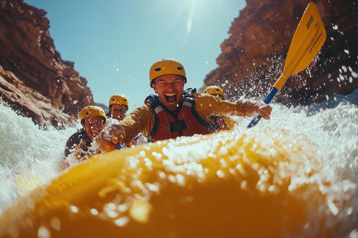 Group of rafters in a yellow raft, riding rapids and splashing water photo