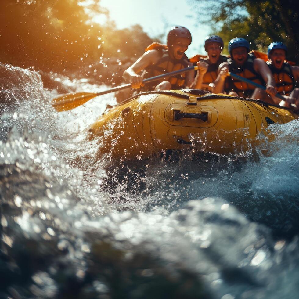 A group of people rafting through whitewater rapids photo