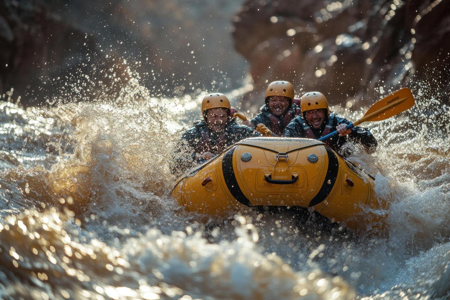 Three Men Rafting Through Rapids With Splashing Water photo