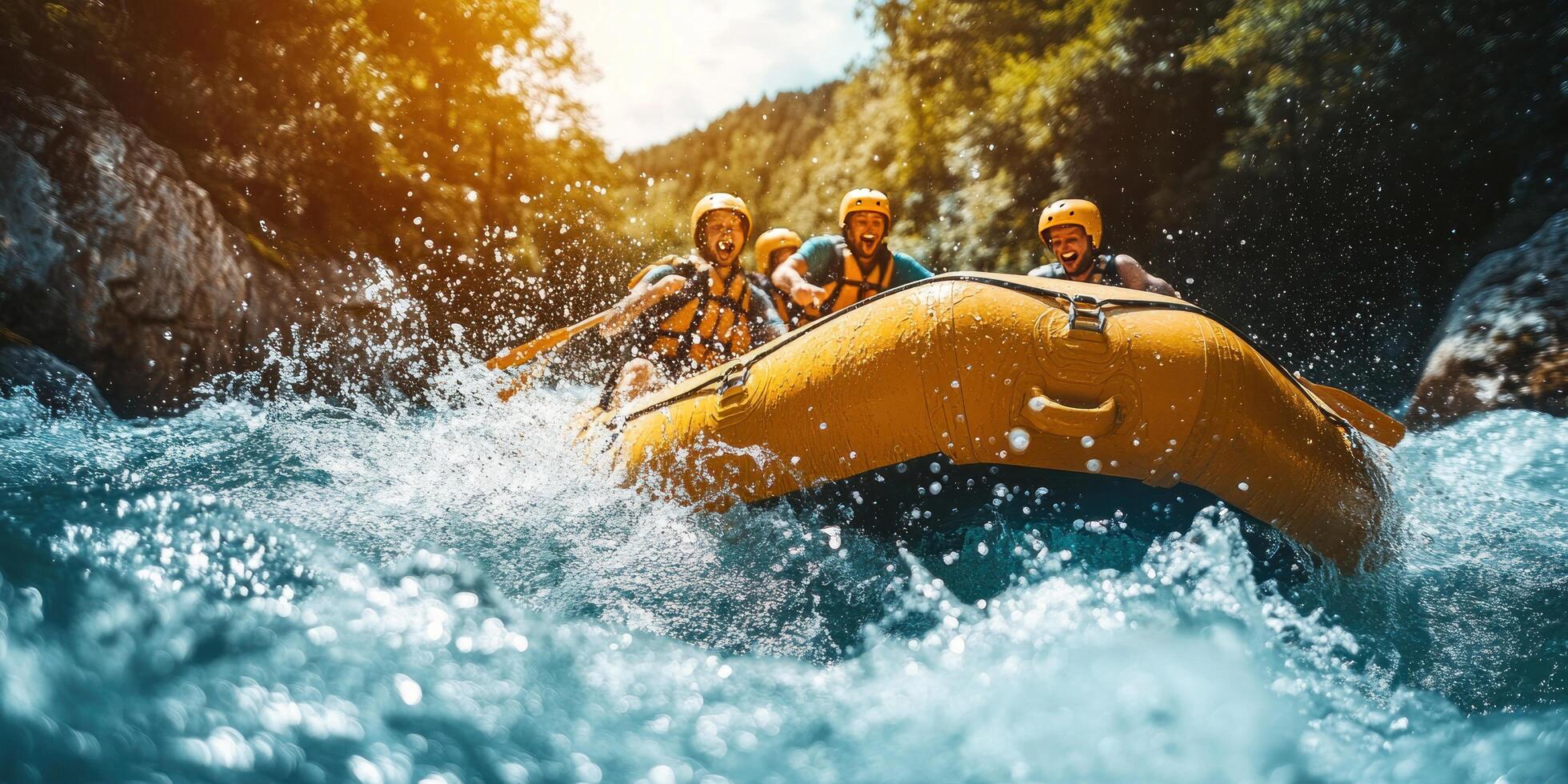 Group of four people in a yellow raft navigating a rapid on a river. photo