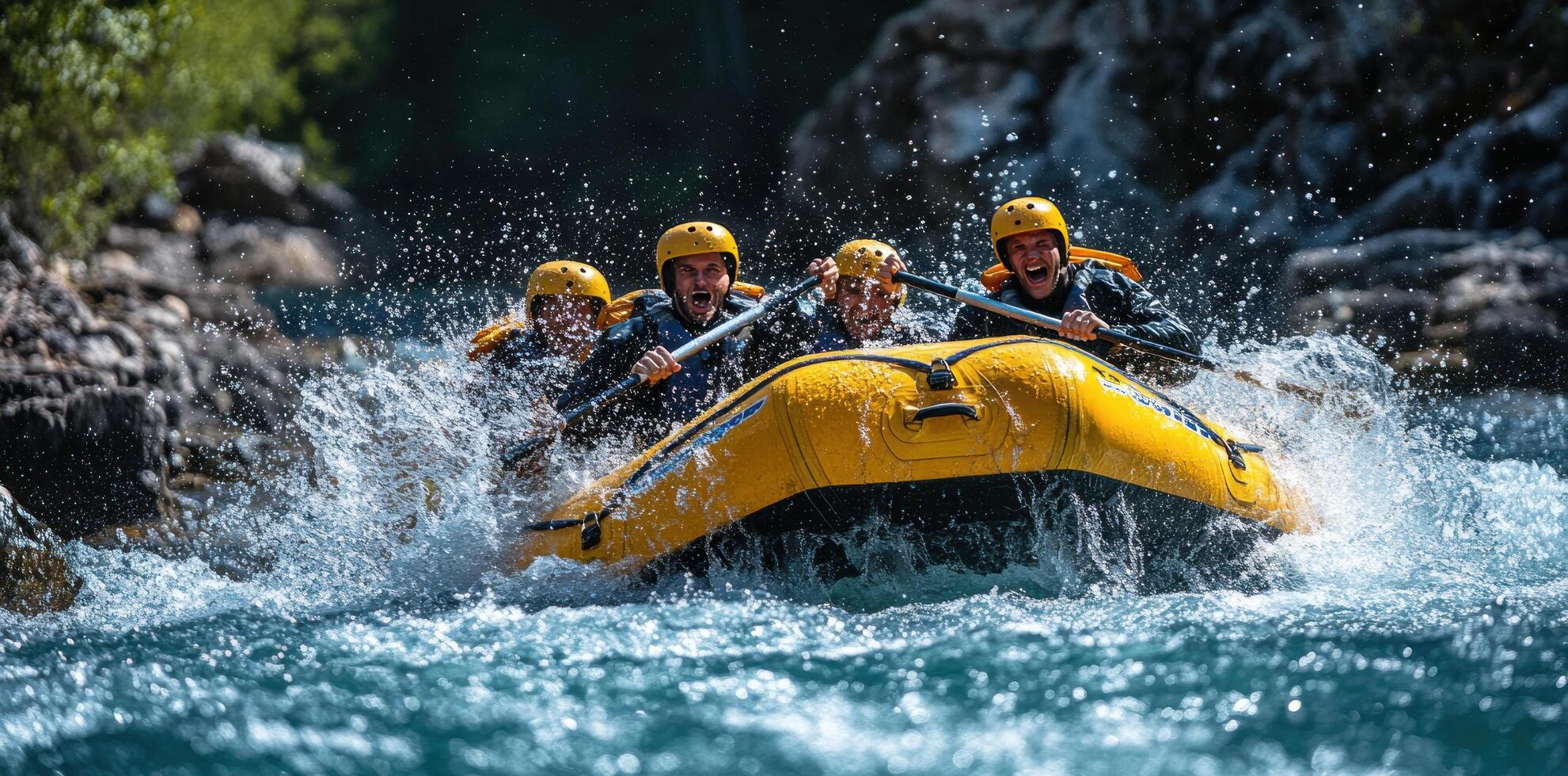Four Rafters In Yellow Raft Navigating Rapids photo