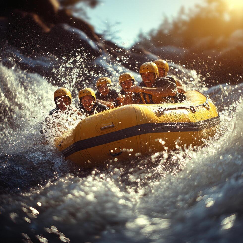 Group of People in a Yellow Raft Going Over a Waterfall photo