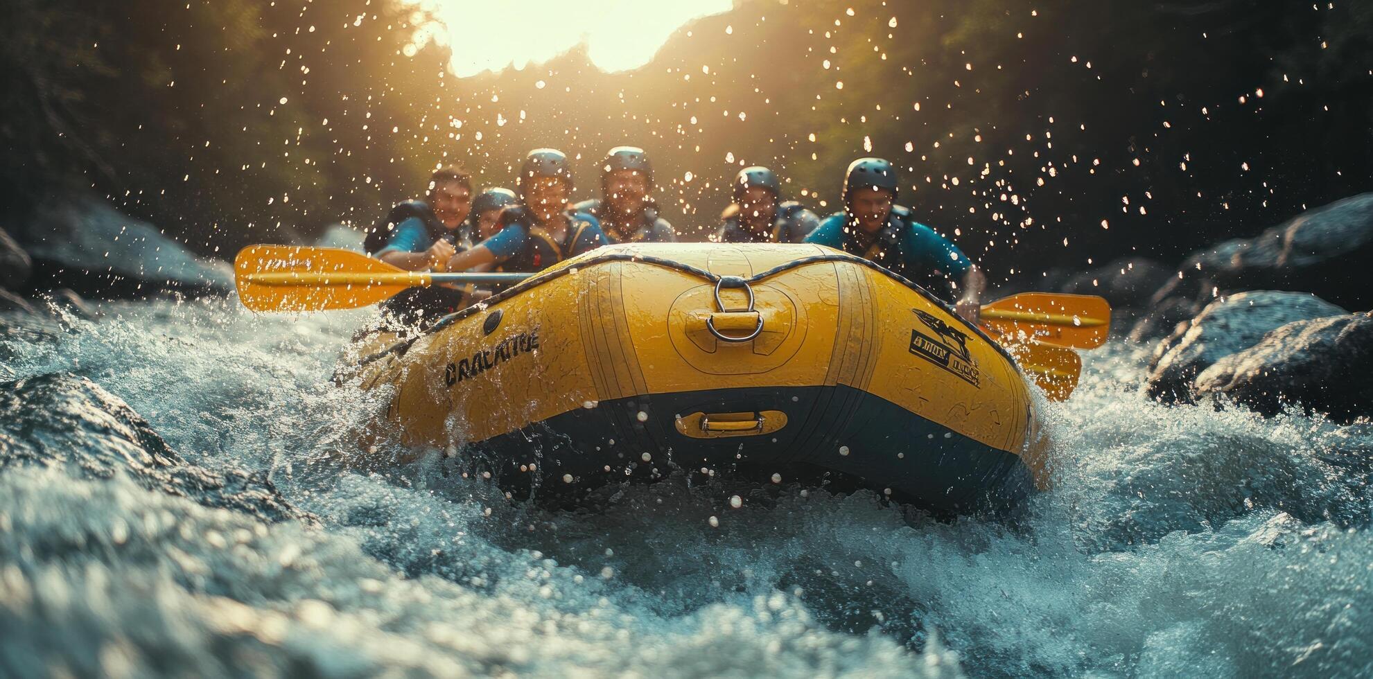 A raft filled with people navigates through whitewater rapids. photo