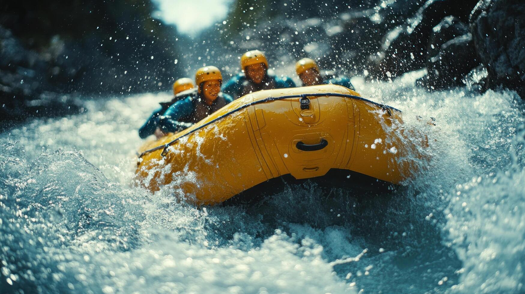 A Yellow Raft Navigating Rapids with People Wearing Helmets photo