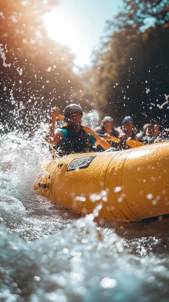 Yellow Raft Navigating Through Rapids With Splashing Water photo