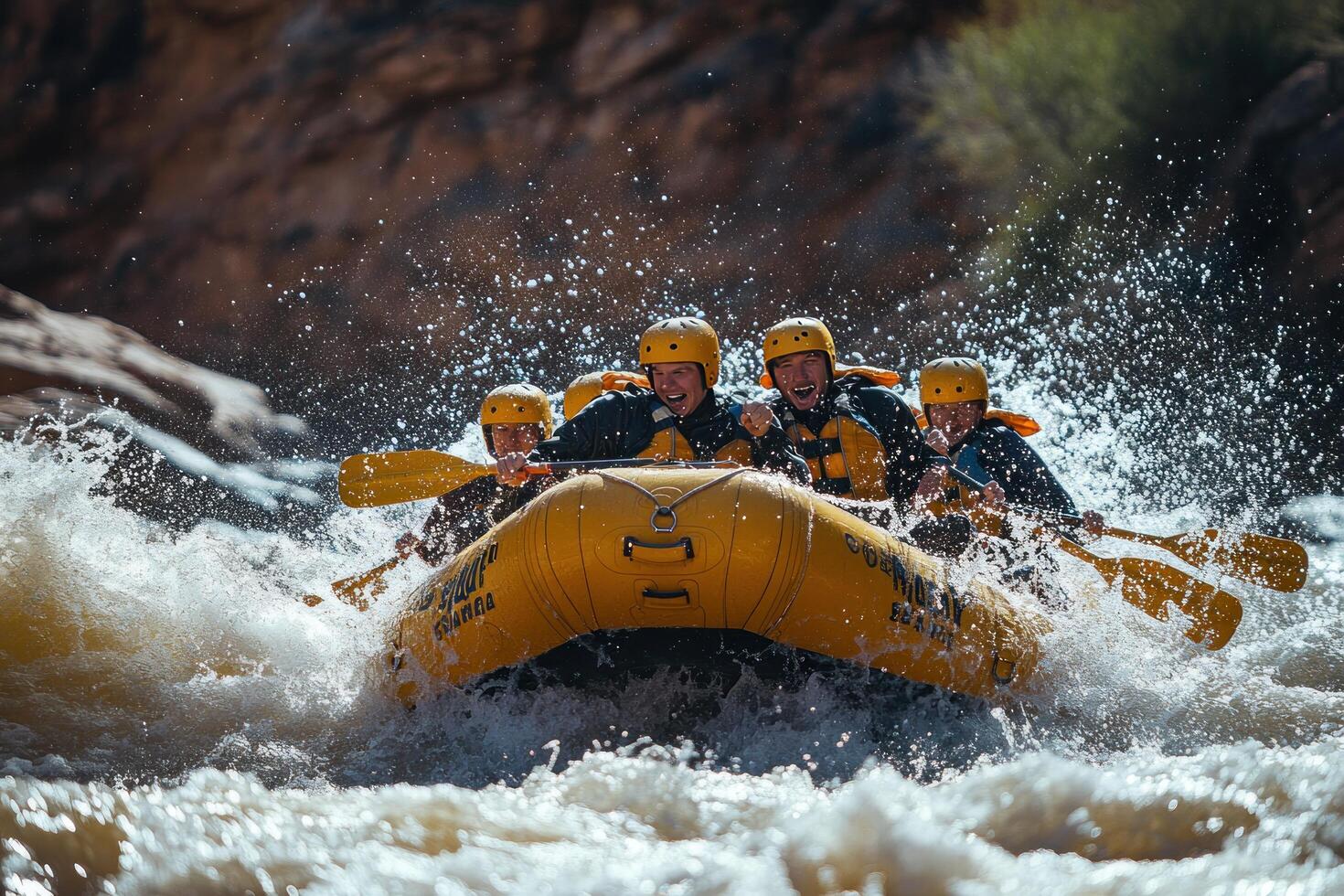 Rafting Team Navigating Through Rapids, Splashing Water and Smiling photo