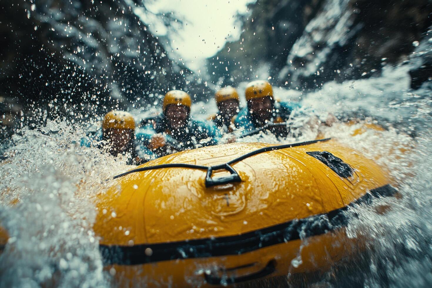 Close-up of a Yellow Raft in a River with Splashing Water and People in the Background photo