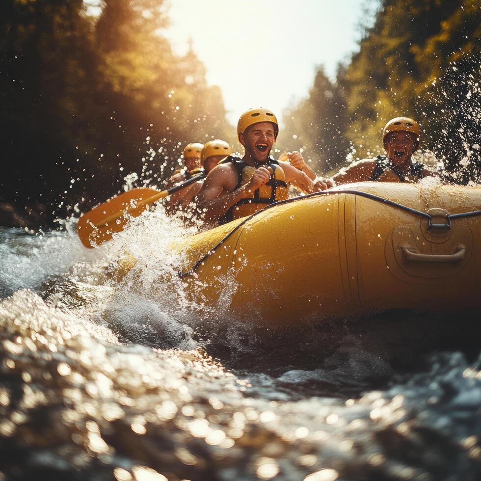 Group of People Enjoying a Thrilling Whitewater Rafting Adventure photo