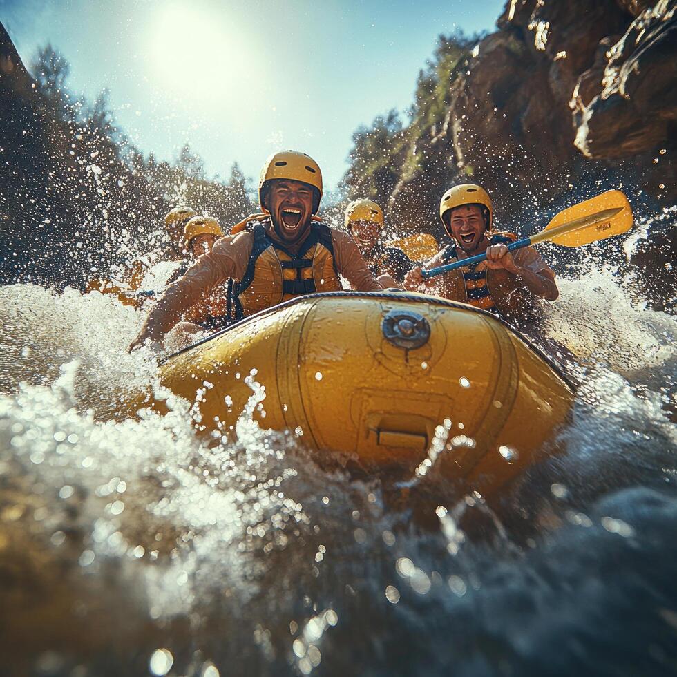 Excited Men In A Raft Splashing Through Rapids photo