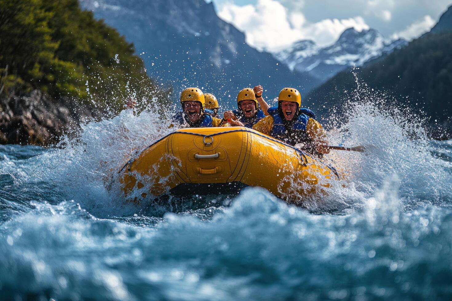 Four Rafters In Yellow Raft Encountering Rapids photo