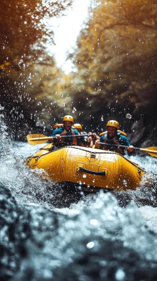 A Yellow Raft Navigates Raging River Rapids with Three Enthusiastic Rafters photo