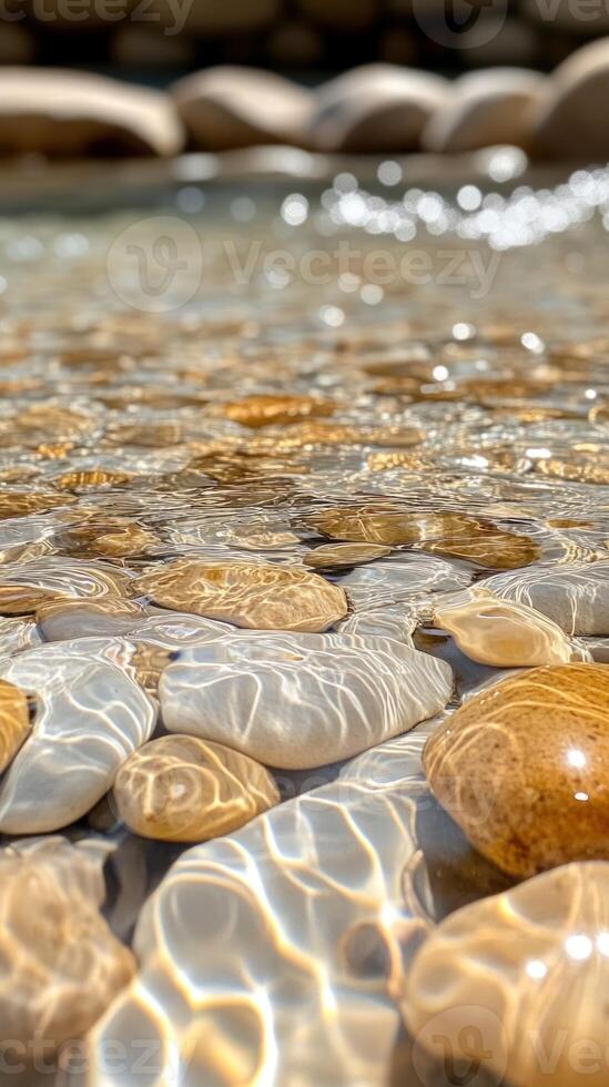 Smooth River Rocks Submerged in Clear Water with Light Reflecting photo