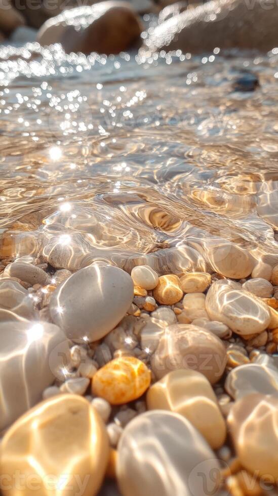 Sunlight Reflecting on Smooth River Stones Submerged in Clear Water photo