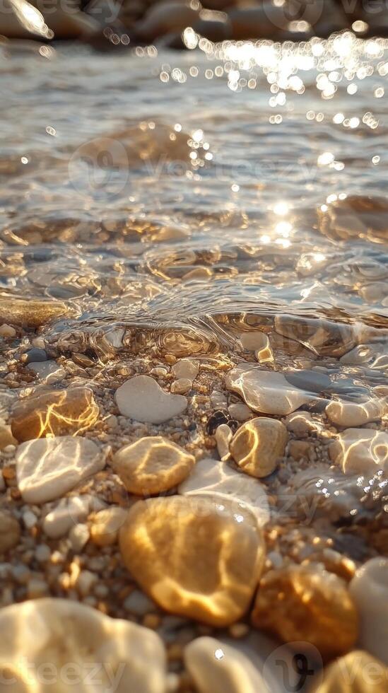 Sunlit Pebbles and Sparkling Water on a Beach photo
