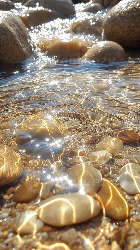 Smooth River Rocks Covered in Sparkling Water photo