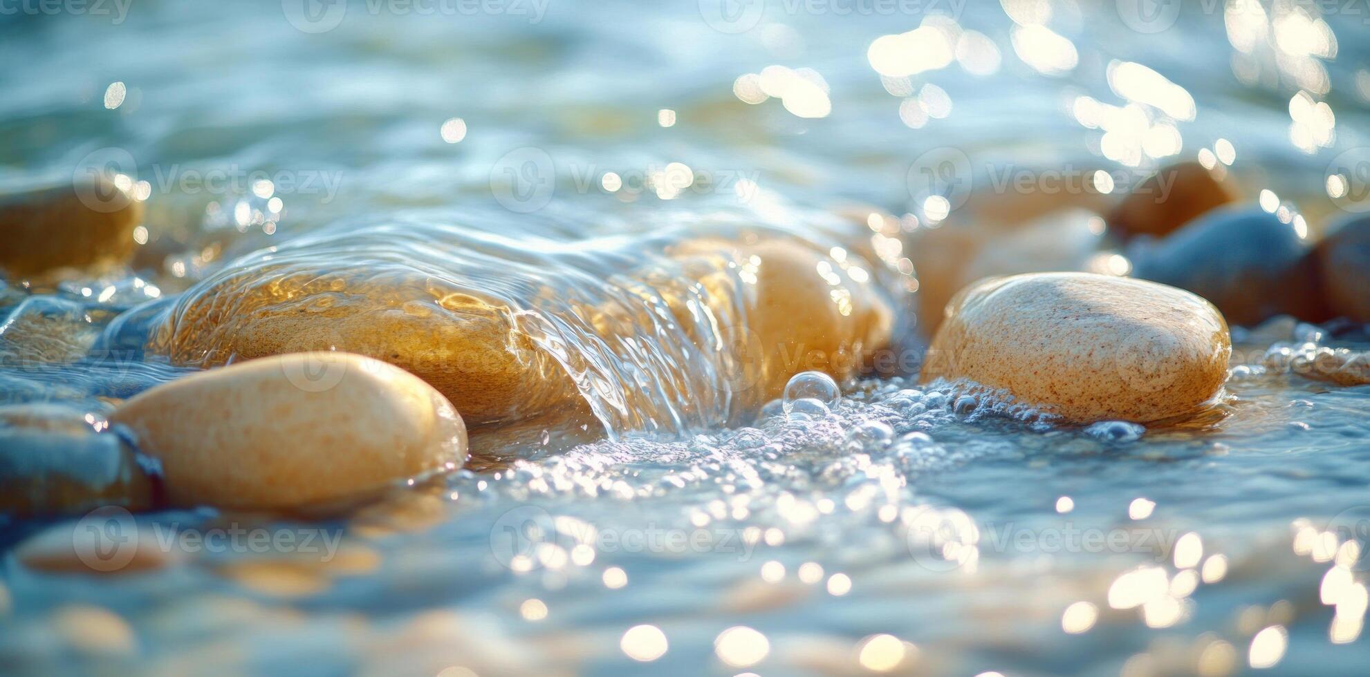 Smooth Water Flowing Over Pebbles on a Sunny Day photo