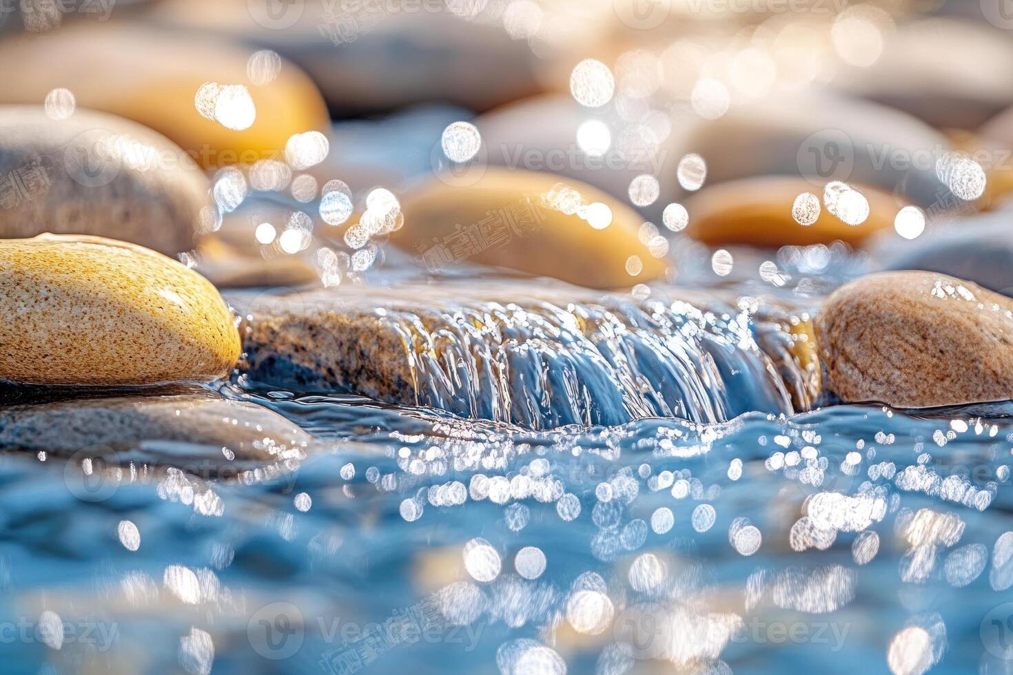 Smooth Water Flowing Over Rounded Stones With Sunlight Reflections photo