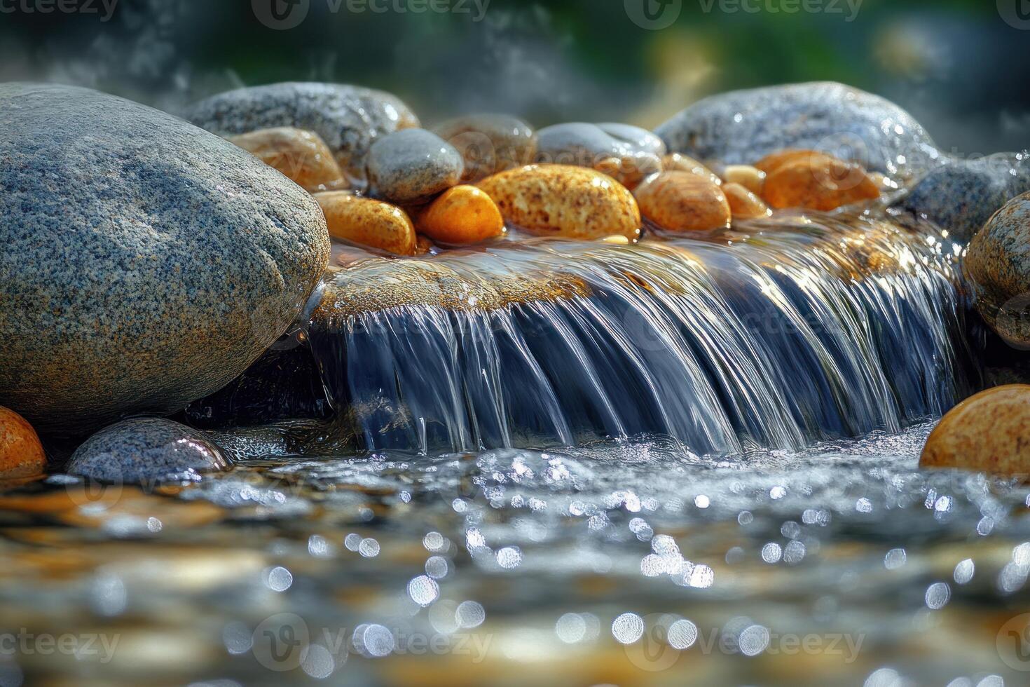 A Small Waterfall Flowing Over Smooth River Rocks photo