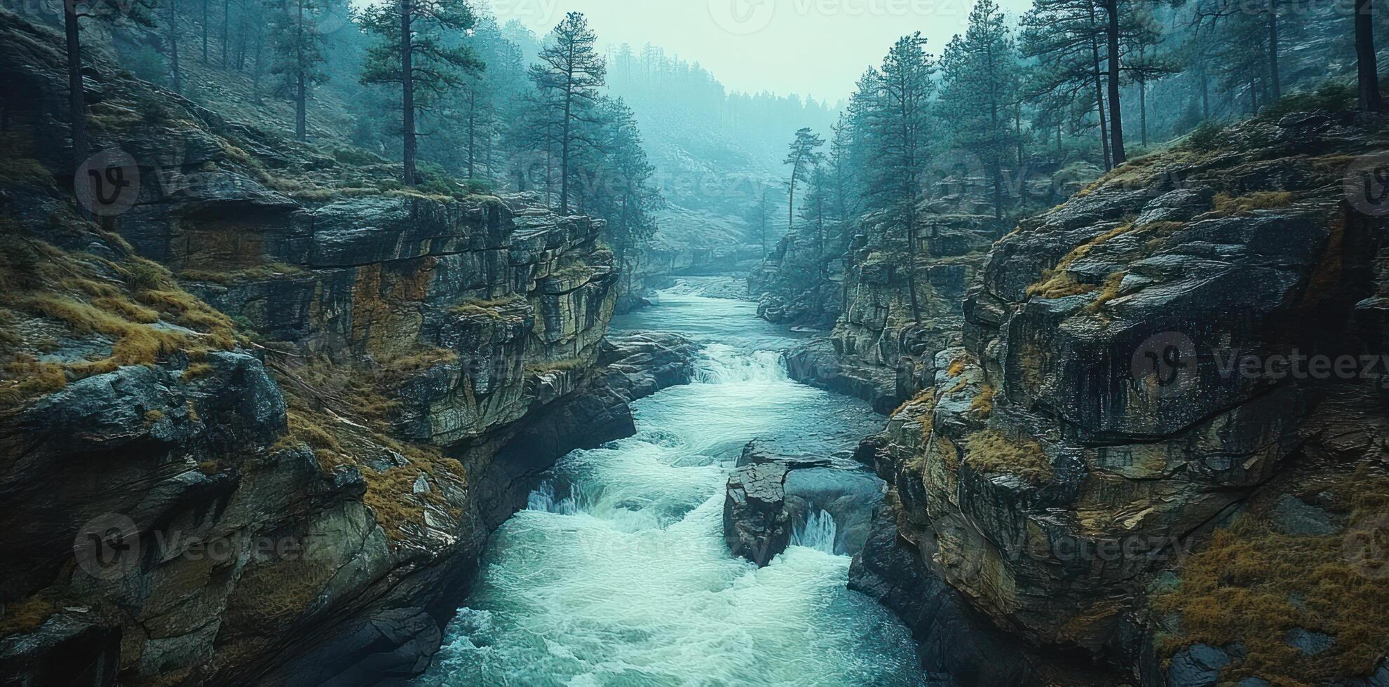 A River Flowing Through a Foggy Mountain Gorge photo