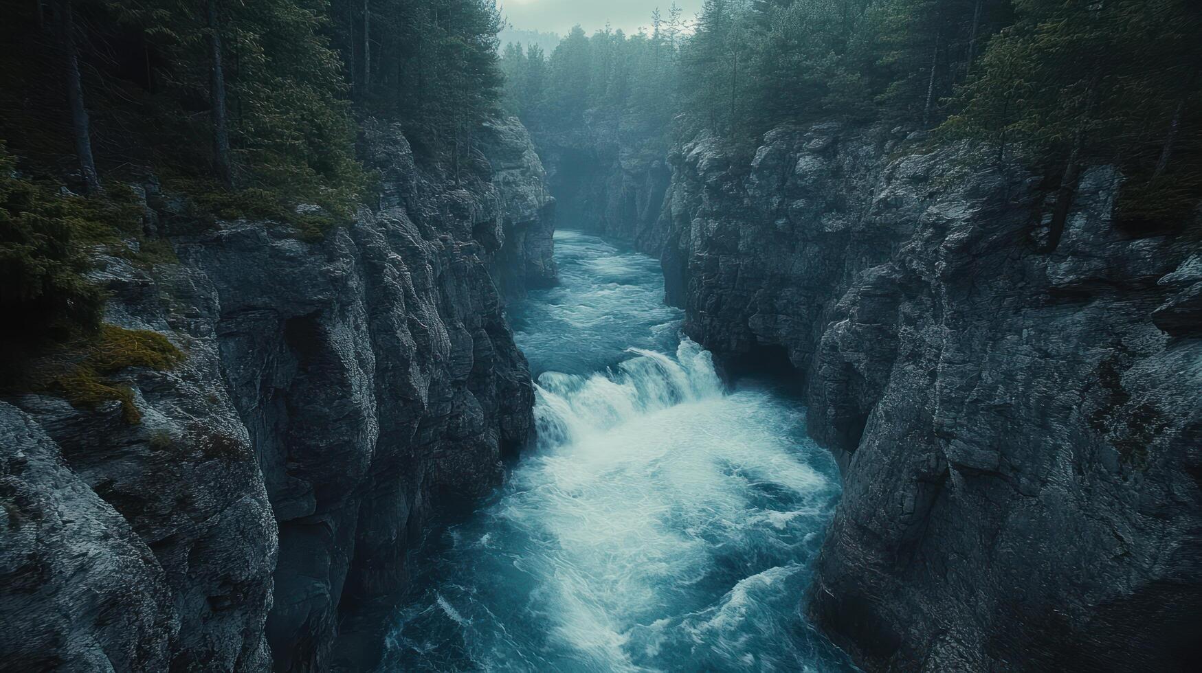 A River Rushing Through a Misty Mountain Gorge photo