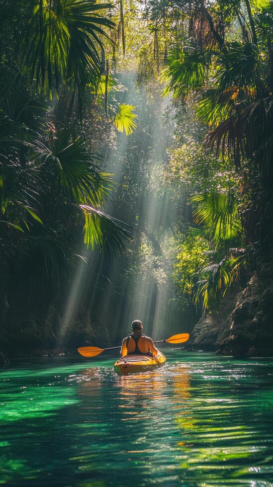 Kayaking Through a Sunlit Jungle Canyon photo