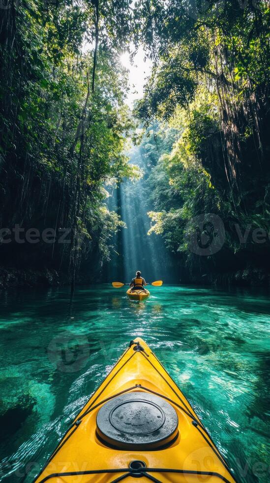 Kayaking through a Sunlit Forest Canyon photo