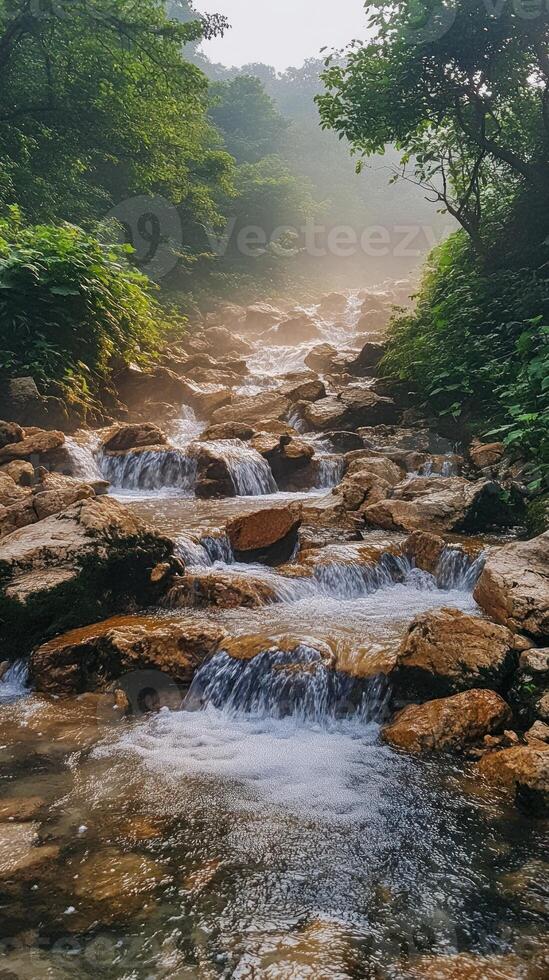 Tranquil Stream Flowing Through a Misty Forest photo