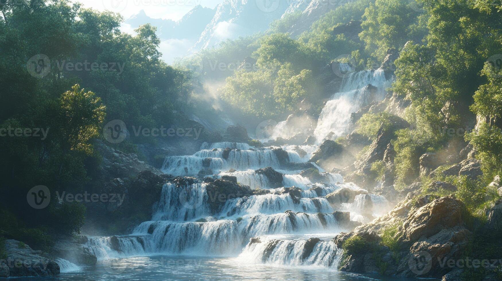 Cascading Waterfall in a Lush, Misty Mountain Valley photo