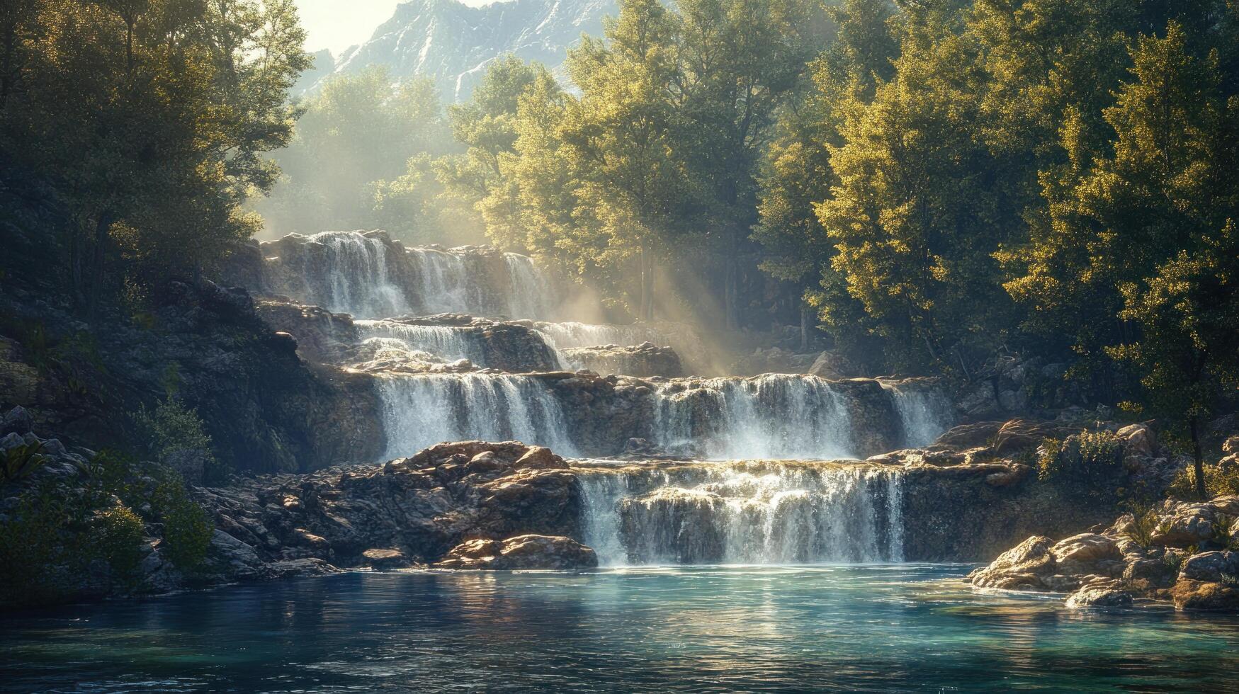 Serene Waterfall Cascading Through a Lush Forest photo