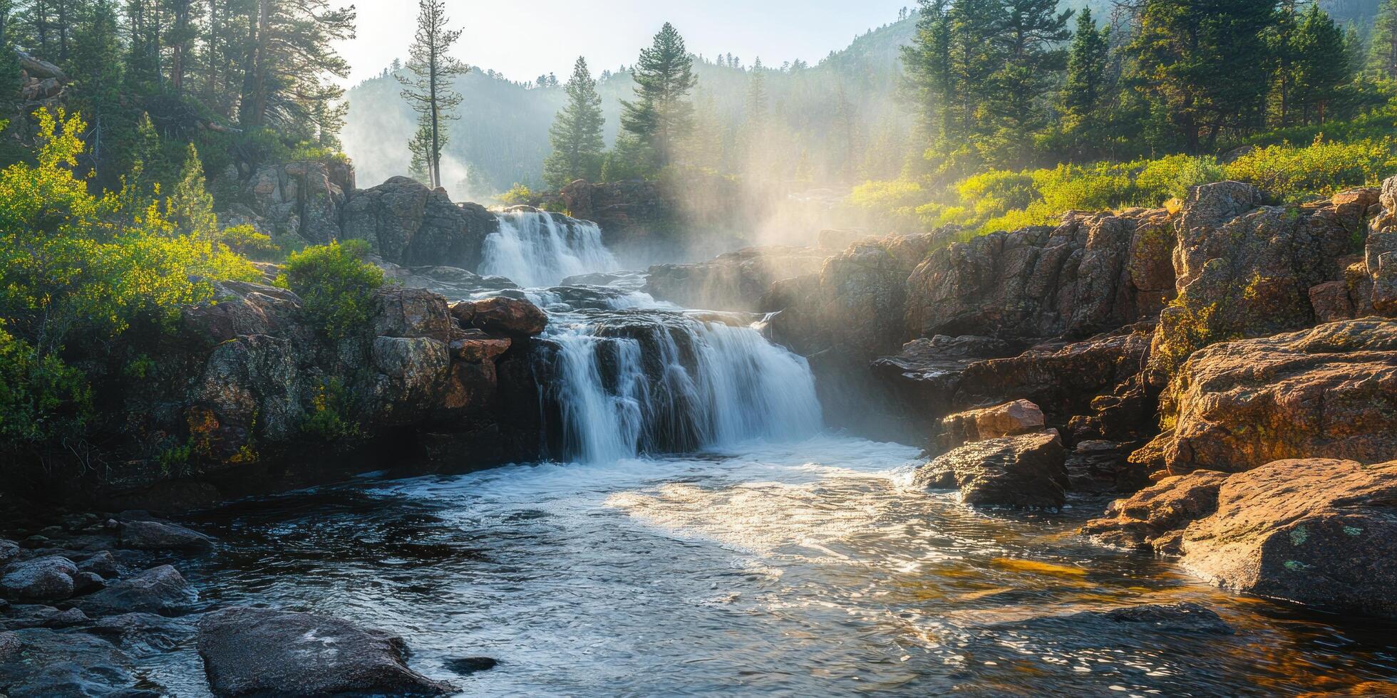 Waterfall cascading over rocks in a misty forest photo