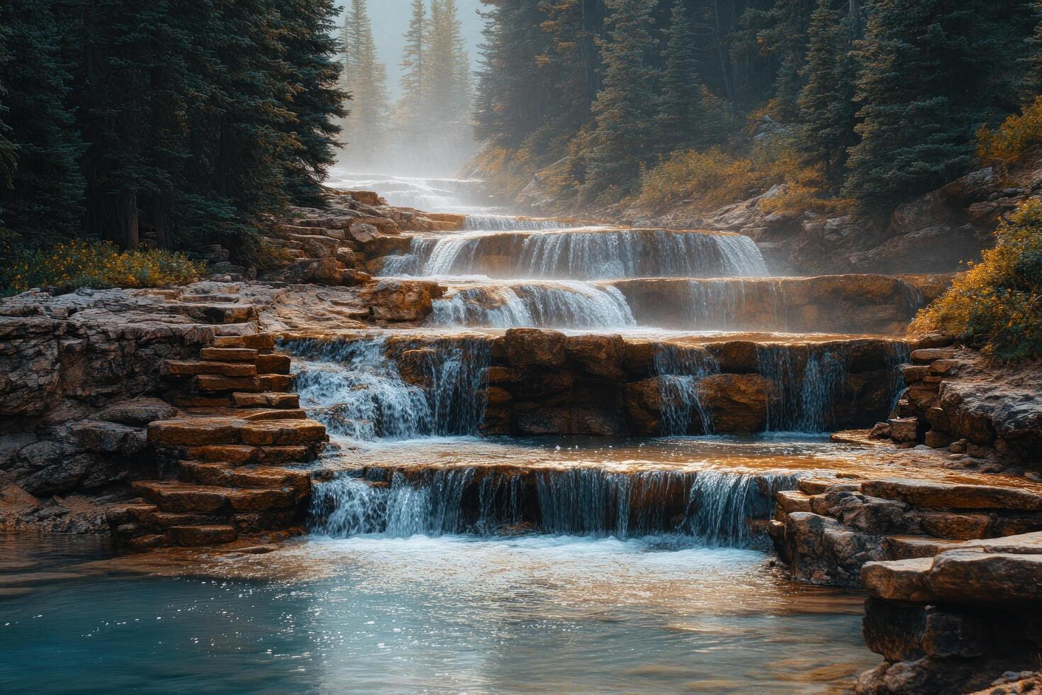 Cascading Waterfall Through a Misty Forest photo