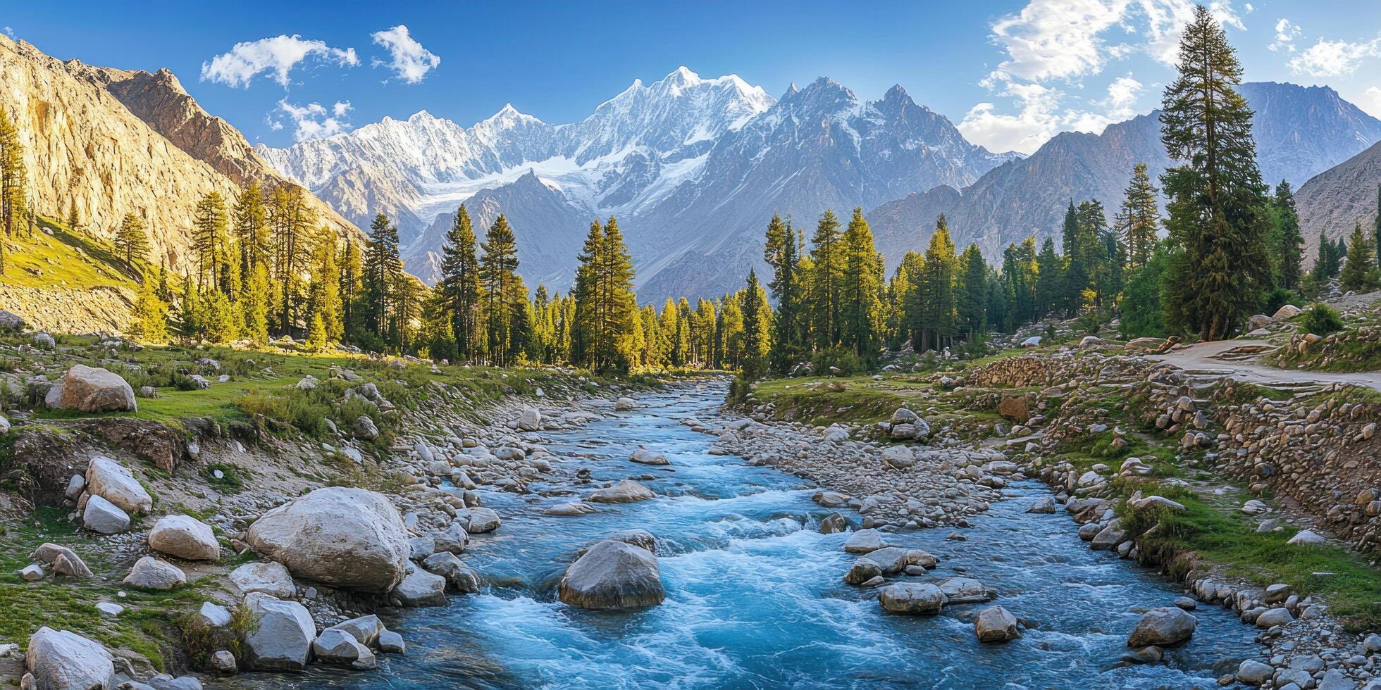 Majestic Mountain Range with a River Flowing Through a Valley photo
