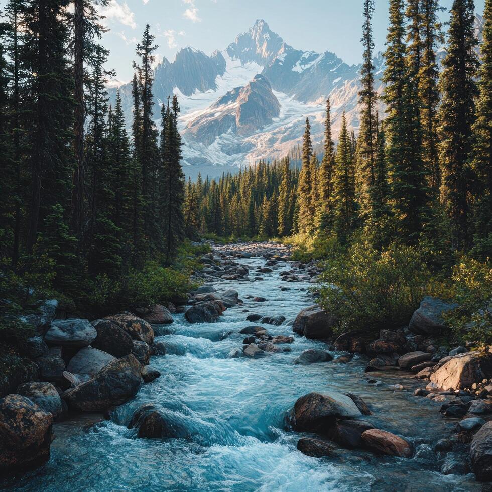 Mountain Stream Flowing Through a Forest of Pine Trees photo