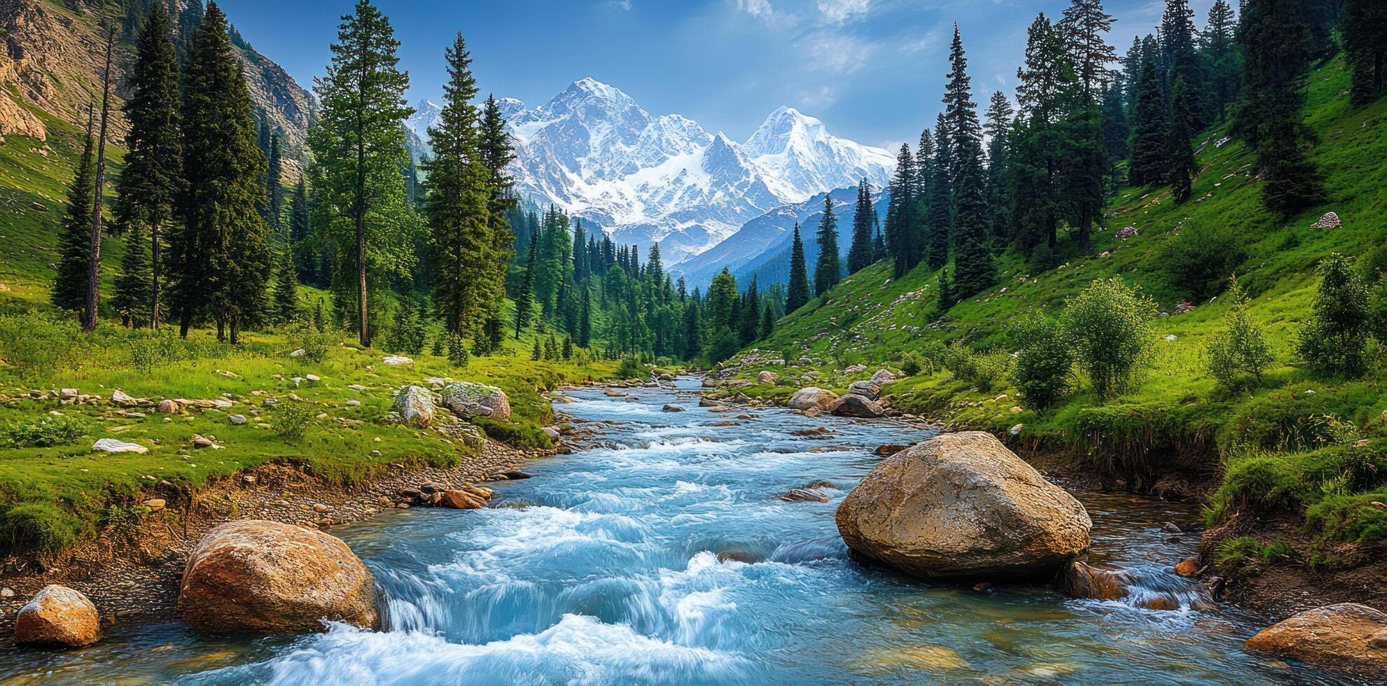 Mountain Stream Flowing Through a Lush Forest Valley photo