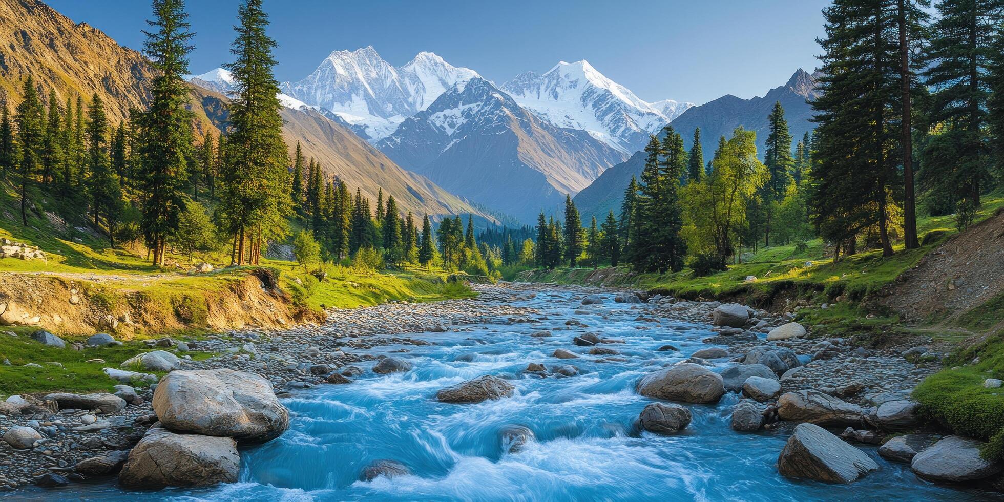 A Crystal-Clear River Flowing Through a Mountain Valley, Under a Snow-Capped Peak photo