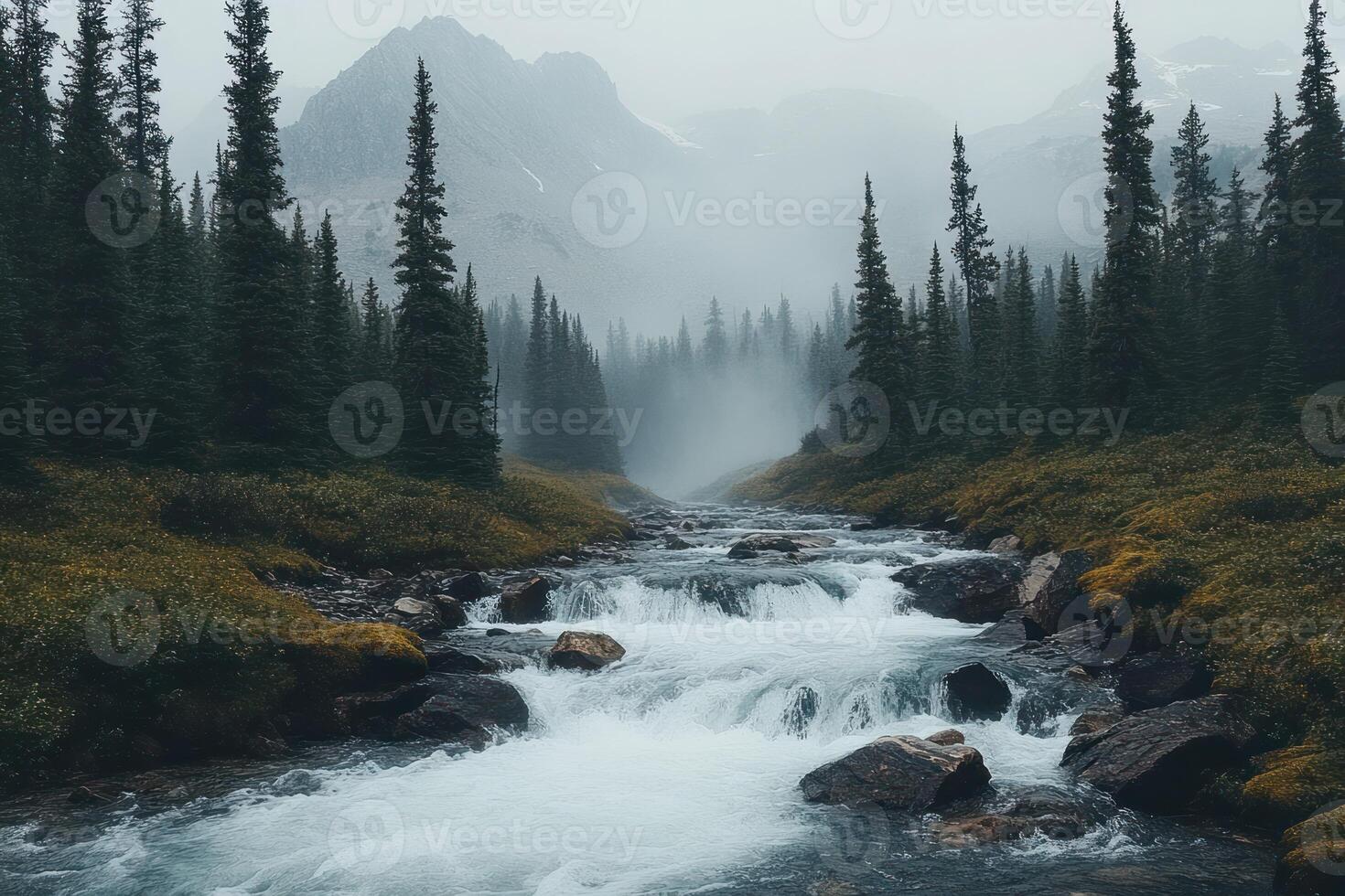 A Mountain Stream Flows Through a Mist-Covered Forest photo