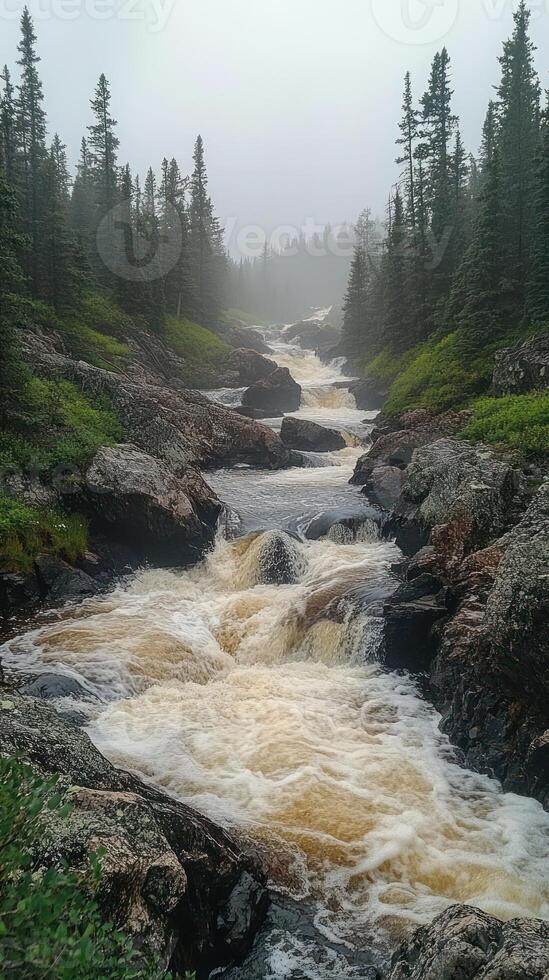 Foamy River Rapids Surrounded by Tall Trees and Fog photo