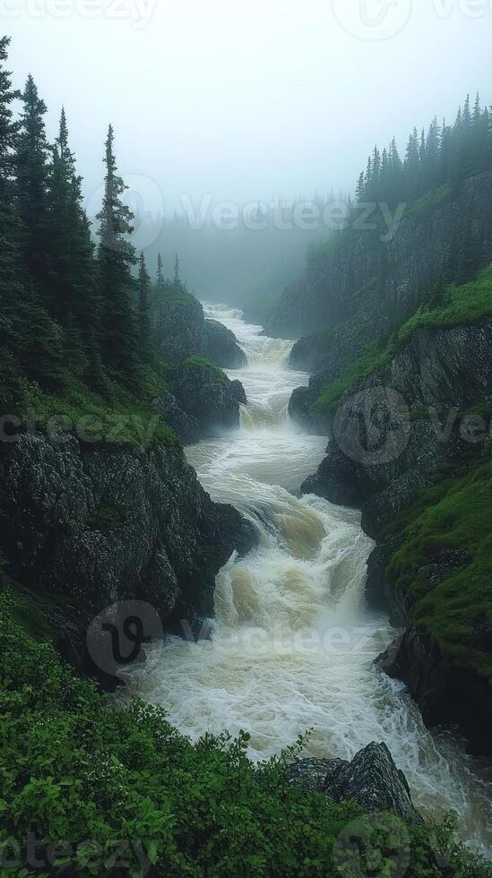 A Turbulent River Flowing Through a Foggy Forest Gorge photo