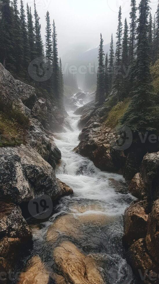 A Mist-Shrouded River Carving Through a Mountainous Forest photo