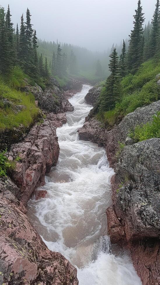 Foamy Creek Winding Through Rocky Gorge in Foggy Forest photo