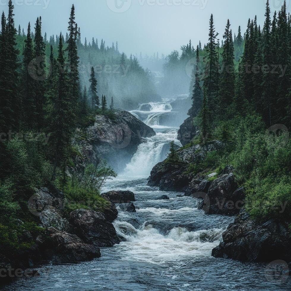 Misty Forest Waterfall with Rushing River photo