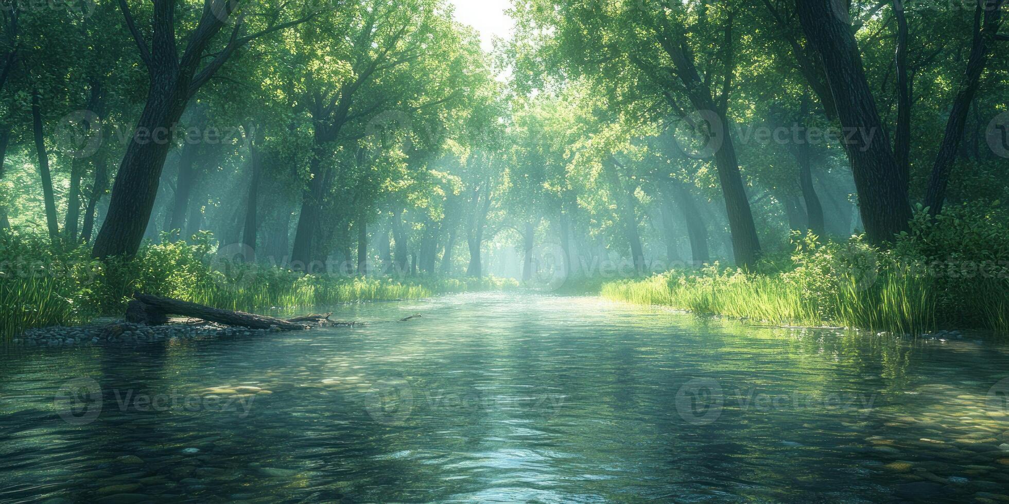 A tranquil river flowing through a misty forest photo