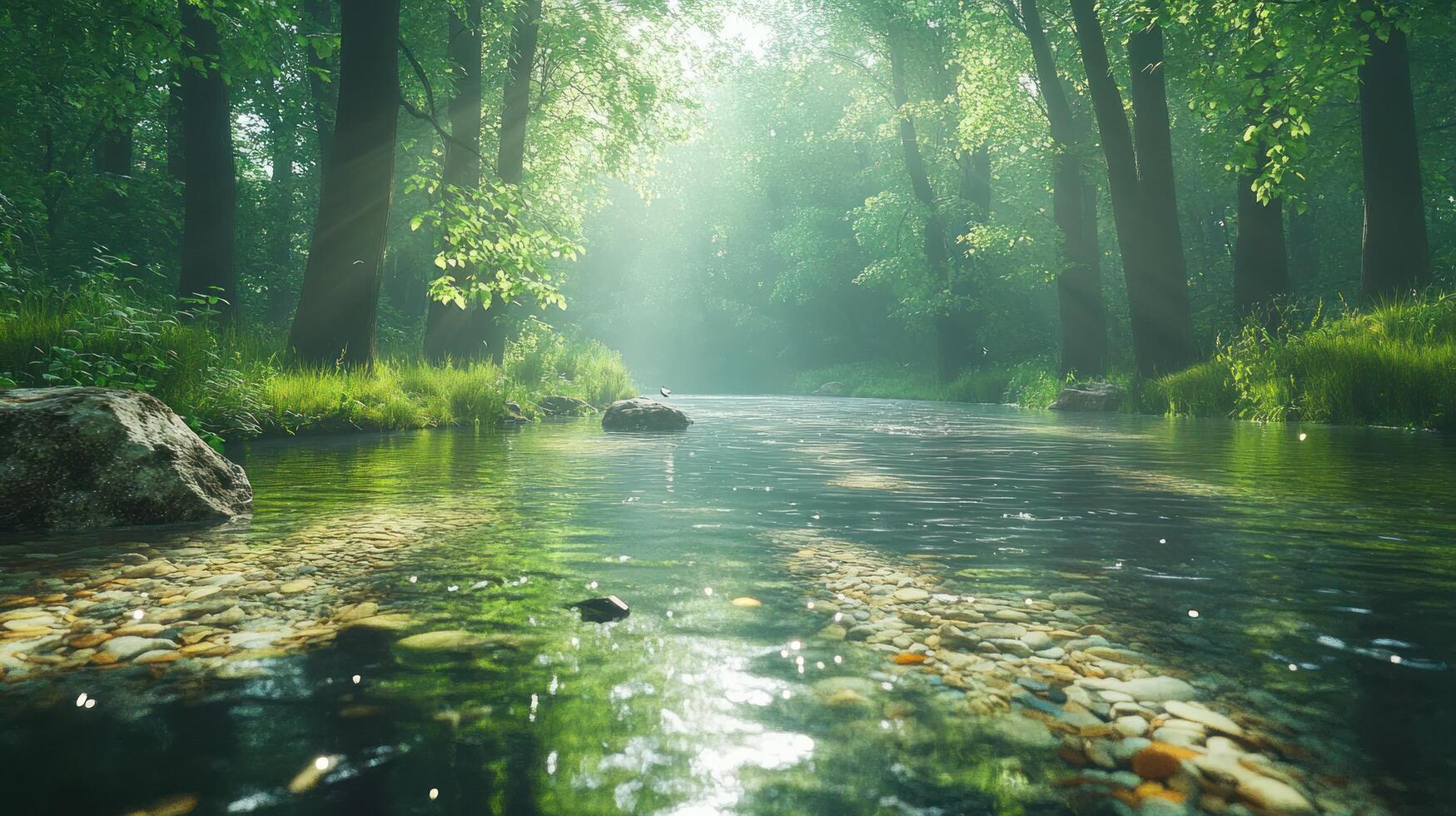 Sunbeams Filtering Through Trees Over a Crystal-Clear River photo
