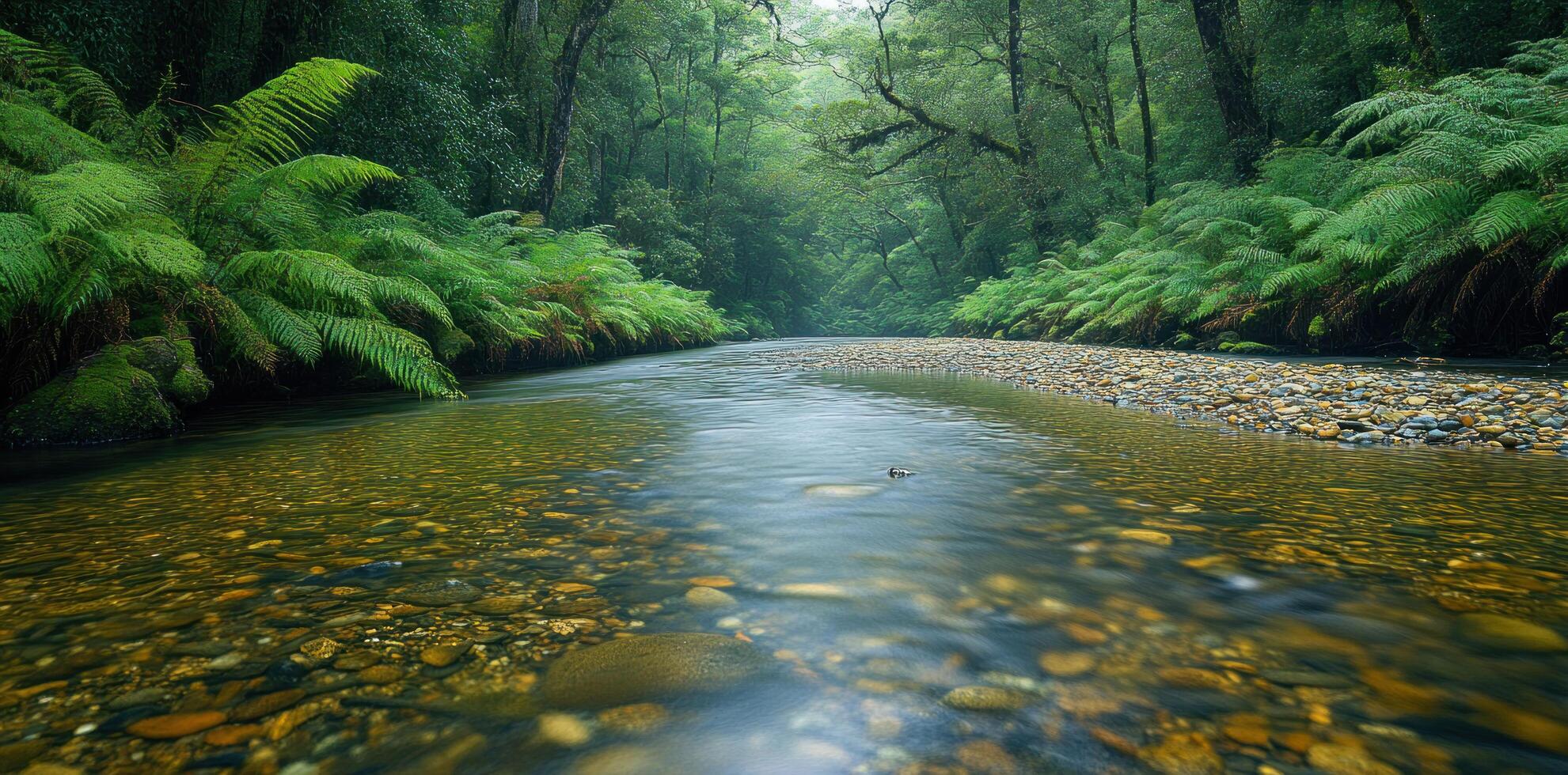 Crystal-Clear Stream Flowing Through a Lush Green Forest photo