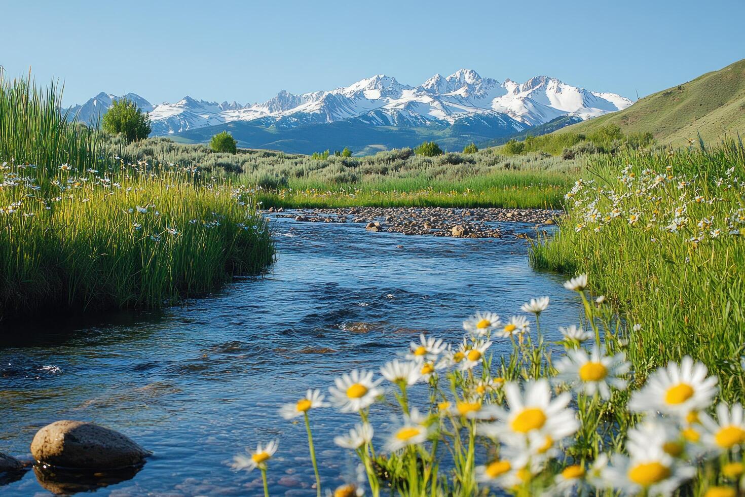 A Stream Flowing Through a Meadow With Snow-Capped Mountains in the Distance photo