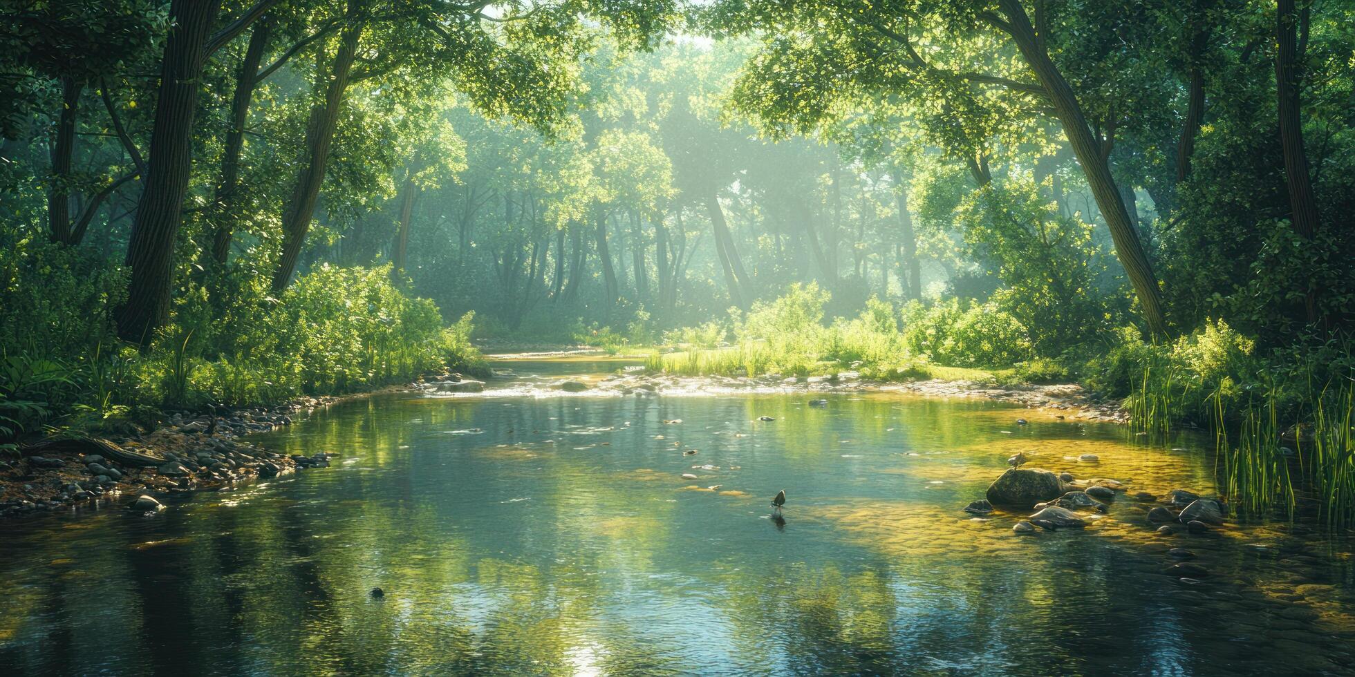 Tranquil River Flowing Through a Misty Green Forest photo
