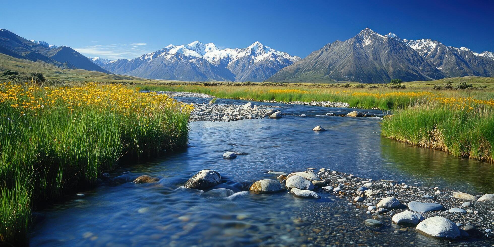 A Serene Stream Winding Through a Mountain Valley Landscape photo
