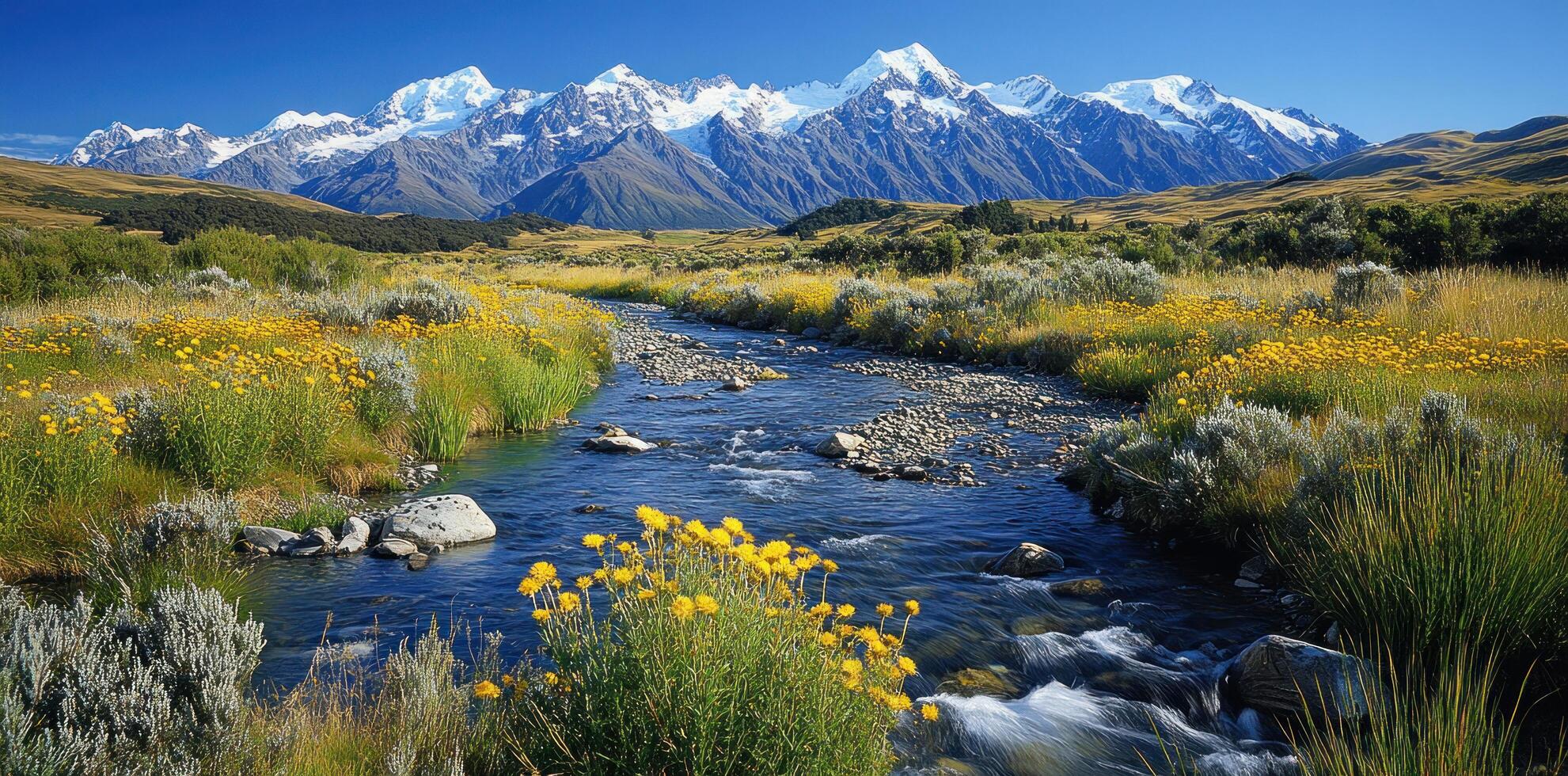 A Tranquil Stream Flowing Through a Meadow With Snow-Capped Mountains in the Background photo